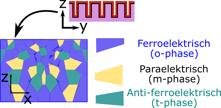 Schematische Darstellung von Ferroelektrisch (o-phase), Paraelektrisch (m-phase) und Anti-ferroelektrisch (t-phase) in einem Koordinateinsystem.
