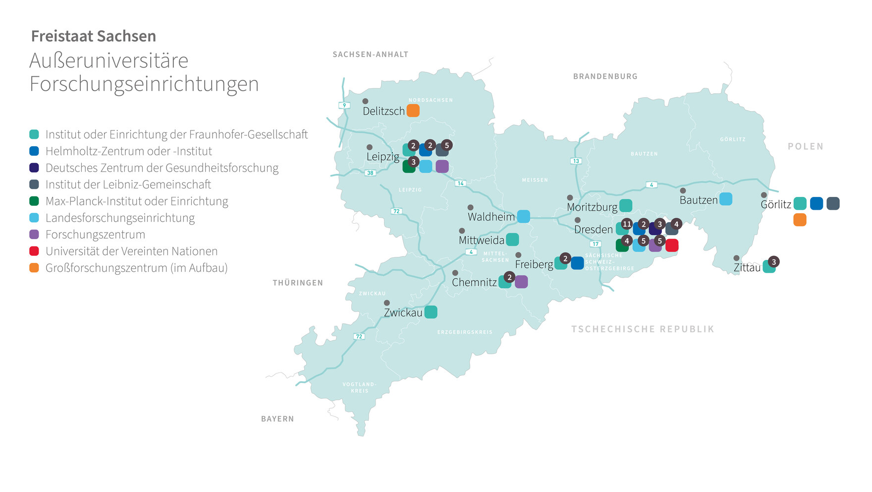 Landkarte von Sachsen, in die die Außeruniversitären Forschungseinrichtungen in Sachsen eingetragen