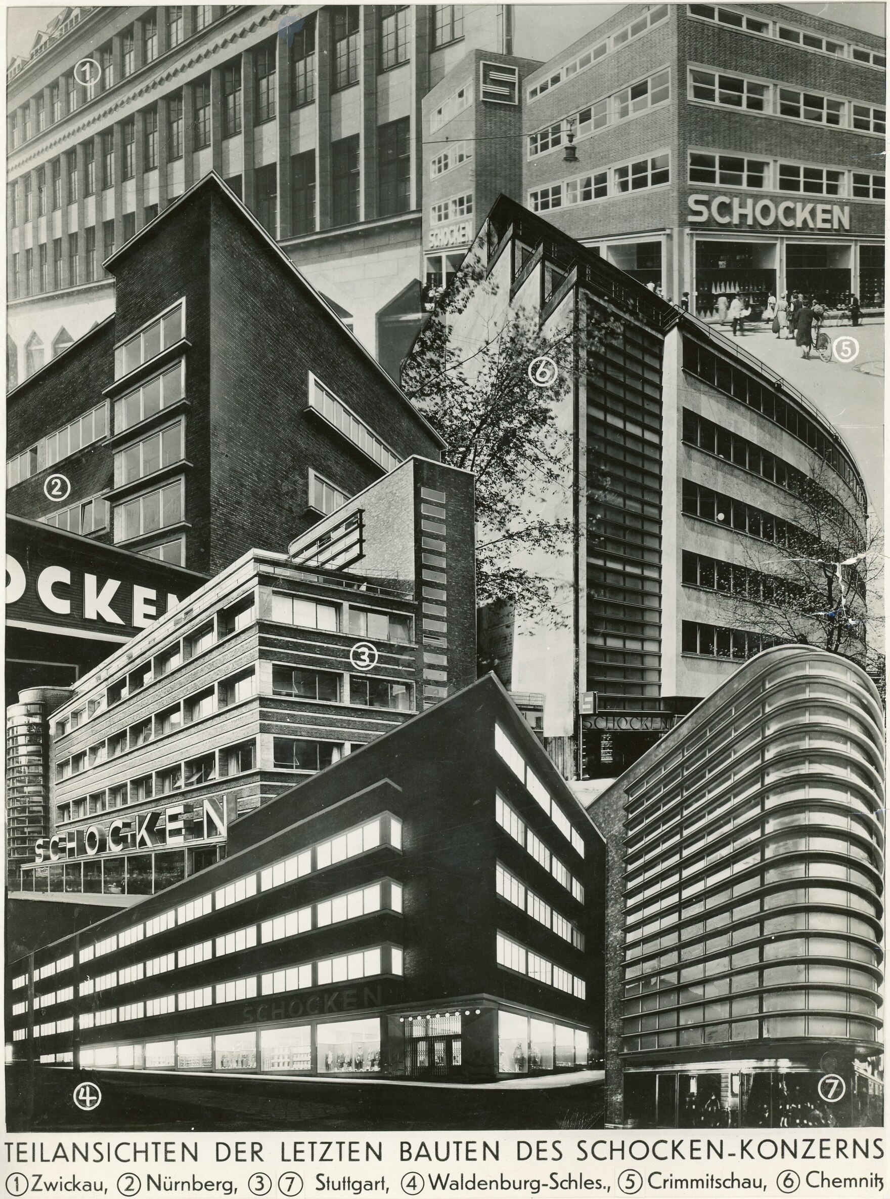 S/W-Collage mit verschiedenen horizontal gegliederten Fassaden des Schocken-Konzerns